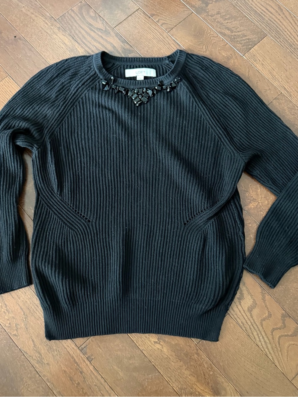LOFT Women’s Black Ribbed Jewel-Necklace Trim Crewneck Sweater with Side Slits